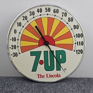 Vintage 12″ 7UP "The Uncola" Sunburst Advertising Thermometer Metal Dial Sign